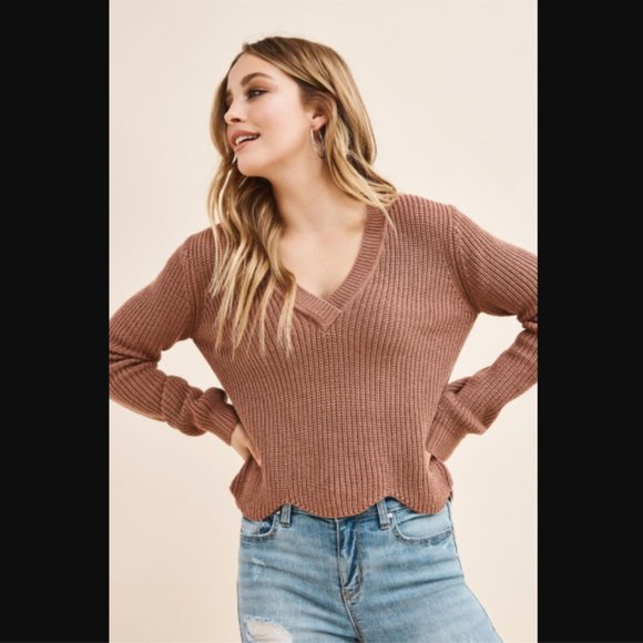 Dynamite Scallop Knit Vneck Sweater - Picture 1 of 9